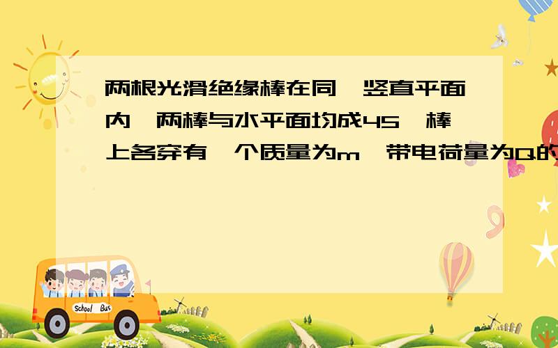 两根光滑绝缘棒在同一竖直平面内,两棒与水平面均成45°棒上各穿有一个质量为m、带电荷量为Q的相同小球,先让两球同时从同一高度由静止开始下滑,则当两球相距多大时,小球的速度达到最大