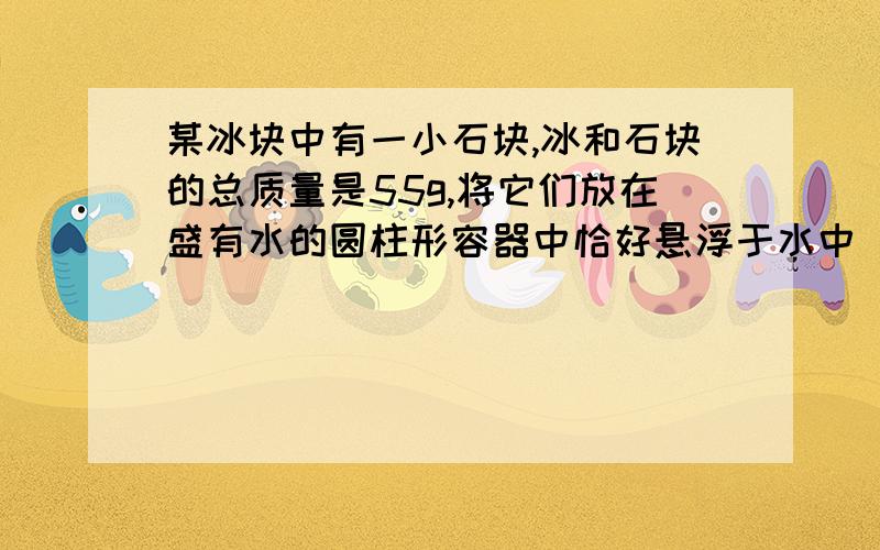 某冰块中有一小石块,冰和石块的总质量是55g,将它们放在盛有水的圆柱形容器中恰好悬浮于水中（如图甲所示