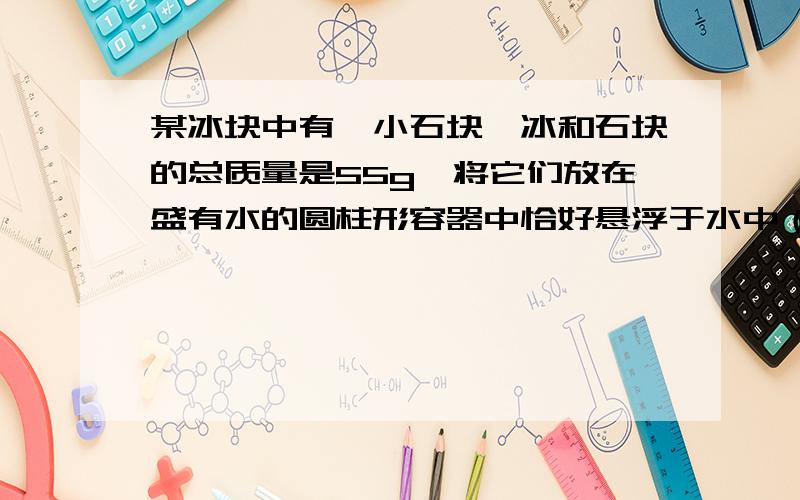 某冰块中有一小石块,冰和石块的总质量是55g,将它们放在盛有水的圆柱形容器中恰好悬浮于水中（如甲图所示） 当冰全部融化后,容器里的水面下降了0.5cm(如图乙所示）,若容器的底面积为10cm,