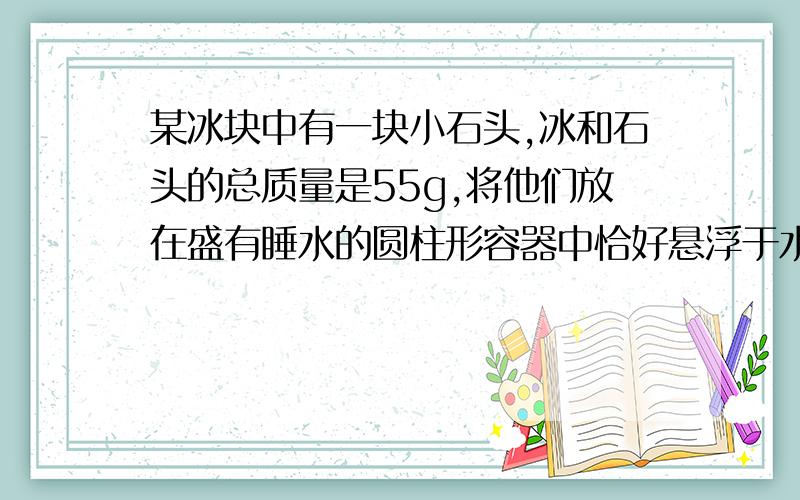 某冰块中有一块小石头,冰和石头的总质量是55g,将他们放在盛有睡水的圆柱形容器中恰好悬浮于水中.当冰全部融化后,容器里的水面下降了0.5cm,若容器的底面积为10平方厘米,已知冰的密度是0.9