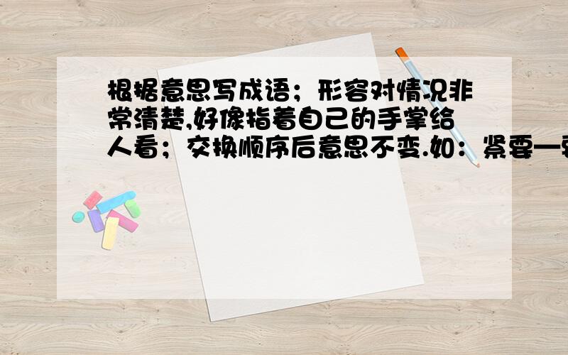 根据意思写成语；形容对情况非常清楚,好像指着自己的手掌给人看；交换顺序后意思不变.如：紧要—要紧.