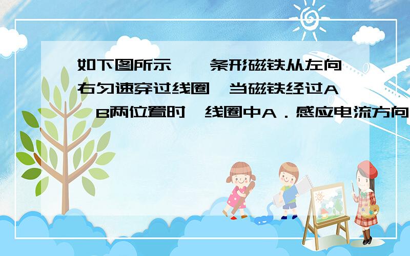 如下图所示,一条形磁铁从左向右匀速穿过线圈,当磁铁经过A、B两位置时,线圈中A．感应电流方向相同,感应电流所受作用力的方向相同B．感应电流方向相反,感应电流所受作用力的方向相反C．