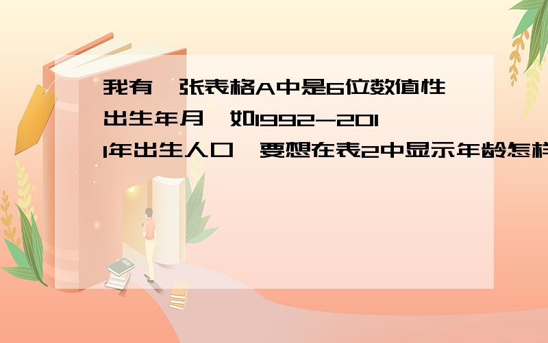 我有一张表格A中是6位数值性出生年月,如1992-2011年出生人口,要想在表2中显示年龄怎样嵌套公式,=IF(AND(201108>=E5,E5>=201009),0,IF(AND(201008>=E5,E5>=200909),1,IF(AND(200908>=E5,E5>=200809),2,IF(AND(200808>=E5,E5>=20070