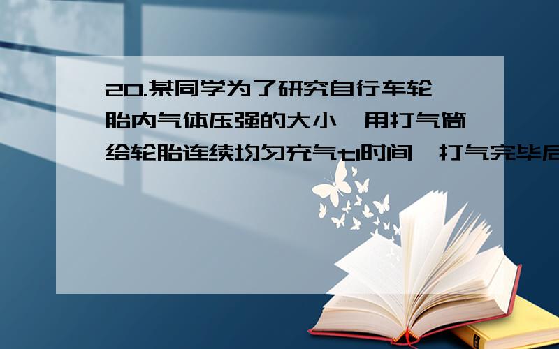 20.某同学为了研究自行车轮胎内气体压强的大小,用打气筒给轮胎连续均匀充气t1时间,打气完毕后关好气门芯,又观察了Δt时间,他测得t1+Δt时间内轮胎内气体压强大小随时间变化如图所示,则由