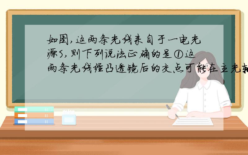 如图,这两条光线来自于一电光源S,则下列说法正确的是①这两条光线经凸透镜后的交点可能在主光轴上②这两条光线经凸透镜后可能不交于一点③点光源S经凸透镜所成的像一定是实像④点光