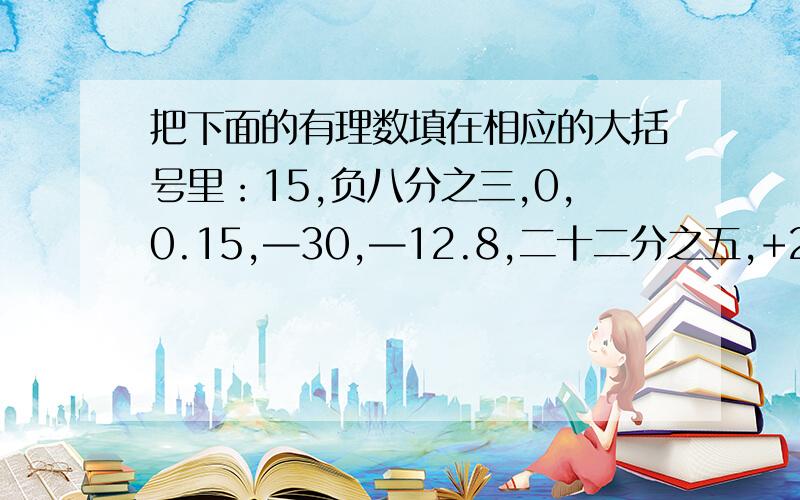 把下面的有理数填在相应的大括号里：15,负八分之三,0,0.15,—30,—12.8,二十二分之五,+20,—60负数（ ） 整数（　　　）整数（　　）分数（　）正整数（　　）　非整数（　　）非负数（