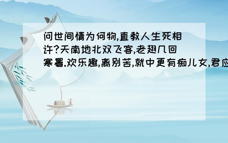 问世间情为何物,直教人生死相许?天南地北双飞客,老翅几回寒暑.欢乐趣,离别苦,就中更有痴儿女,君应有语.希望有人能告诉我这首诗的名字和作者.如果少了几句也希望能帮我补充下.