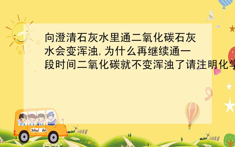 向澄清石灰水里通二氧化碳石灰水会变浑浊,为什么再继续通一段时间二氧化碳就不变浑浊了请注明化学方程式