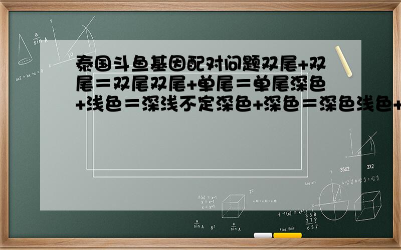 泰国斗鱼基因配对问题双尾+双尾＝双尾双尾+单尾＝单尾深色+浅色＝深浅不定深色+深色＝深色浅色+浅色＝浅色、白色（10%）红色+红色＝红色、橘色、黄色、无色透明黑+黑＝?蓝+蓝＝?蓝+黑