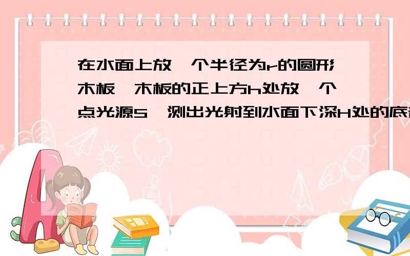 在水面上放一个半径为r的圆形木板,木板的正上方h处放一个点光源S,测出光射到水面下深H处的底部形成的圆形阴影半径的R的大小,即可求出K的折射率.若测得r = 8cm,h = 6cm,H = 16cm,R = 20cm,则水的