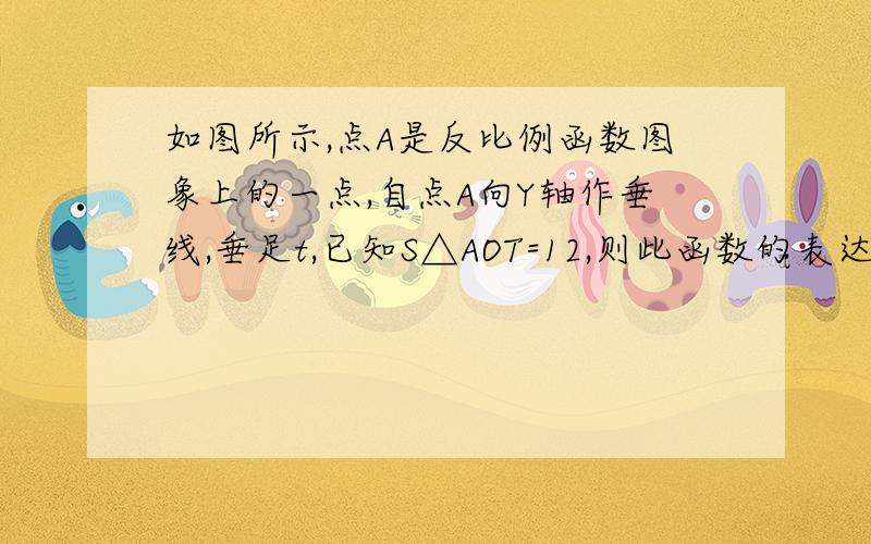 如图所示,点A是反比例函数图象上的一点,自点A向Y轴作垂线,垂足t,已知S△AOT=12,则此函数的表达式为 过