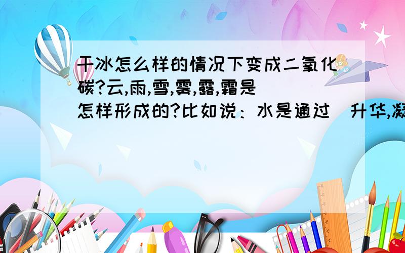 干冰怎么样的情况下变成二氧化碳?云,雨,雪,雾,露,霜是怎样形成的?比如说：水是通过（升华,凝华.）形成的云