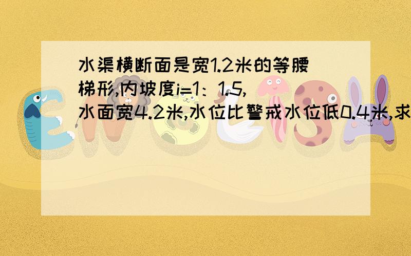 水渠横断面是宽1.2米的等腰梯形,内坡度i=1：1.5,水面宽4.2米,水位比警戒水位低0.4米,求安全通过水渠的最大横截面积