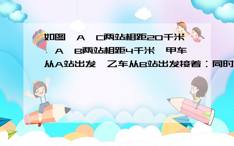 如图,A、C两站相距20千米,A、B两站相距4千米,甲车从A站出发,乙车从B站出发接着：同时向C站驶去.当甲车到达C站时,乙车距C站还有1千米,甲车是在离C站多远的地方追上乙车的?这是有点不好A B C-