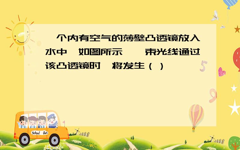 一个内有空气的薄壁凸透镜放入水中,如图所示,一束光线通过该凸透镜时,将发生（）