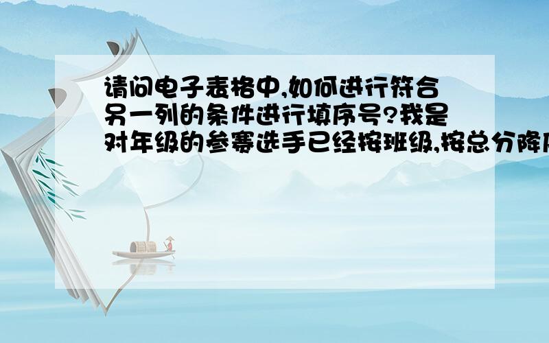 请问电子表格中,如何进行符合另一列的条件进行填序号?我是对年级的参赛选手已经按班级,按总分降序后,要对各班参赛标上序号.比如第二列为班级1-10已排好序,但每个班人数不同,如25,30,22…