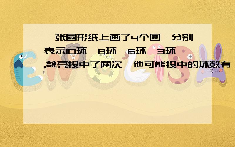 一张圆形纸上画了4个圈,分别表示10环、8环、6环、3环.魏亮投中了两次,他可能投中的环数有（ ）种,分别是（ ）.