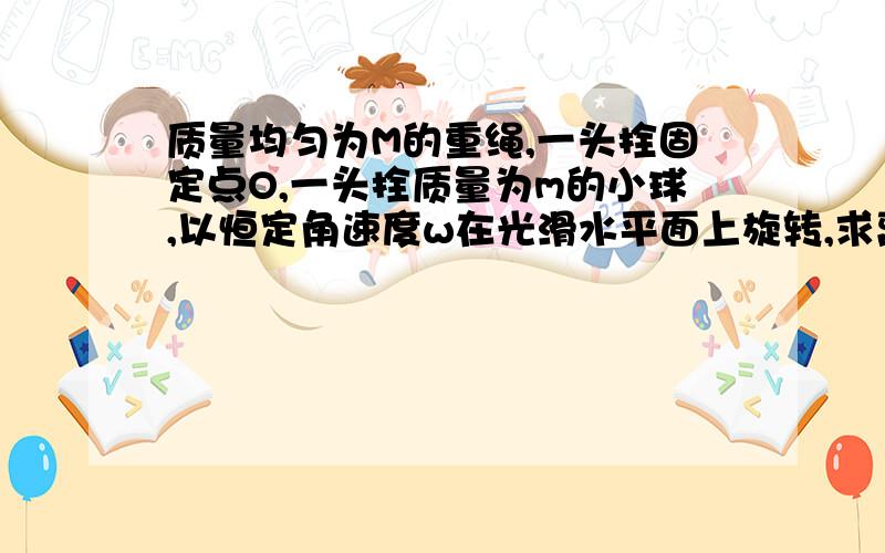 质量均匀为M的重绳,一头拴固定点O,一头拴质量为m的小球,以恒定角速度w在光滑水平面上旋转,求离O距离r处的水平张力T（r）