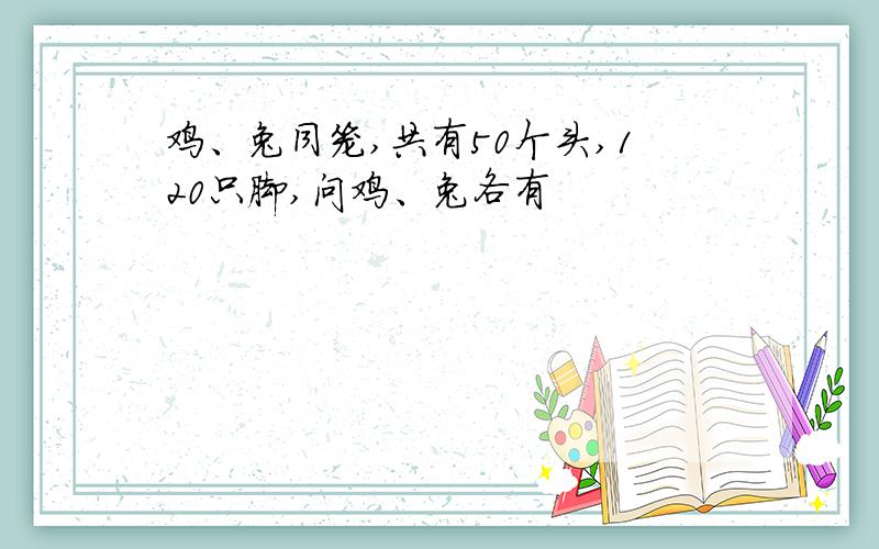 鸡、兔同笼,共有50个头,120只脚,问鸡、兔各有