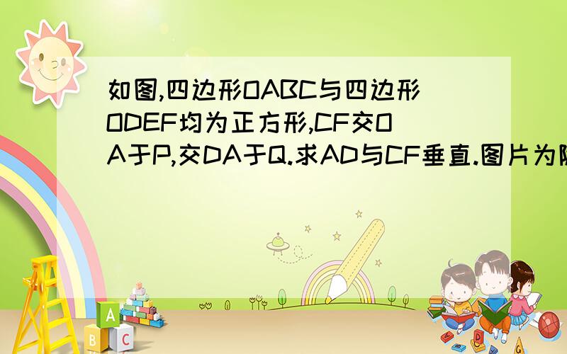 如图,四边形OABC与四边形ODEF均为正方形,CF交OA于P,交DA于Q.求AD与CF垂直.图片为随堂考北师大版九年级18页第6题