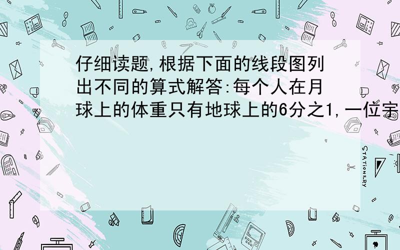 仔细读题,根据下面的线段图列出不同的算式解答:每个人在月球上的体重只有地球上的6分之1,一位宇航员在地球上的体重是54千克.