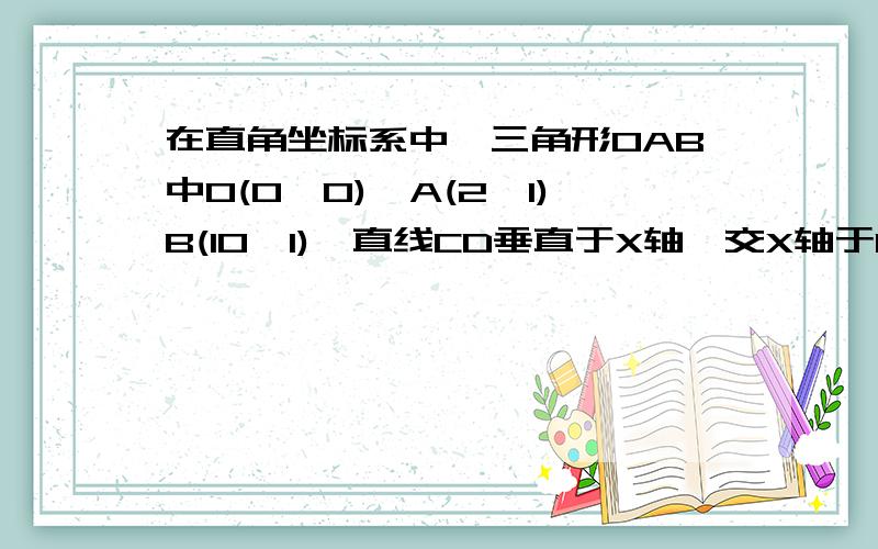 在直角坐标系中,三角形OAB中O(0,0),A(2,1)B(10,1),直线CD垂直于X轴,交X轴于D,并把三角形OAB的面积两等分,若D（x,0）,则x=?正确答案应是10-2倍根号10