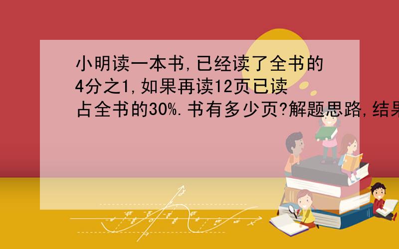 小明读一本书,已经读了全书的4分之1,如果再读12页已读占全书的30%.书有多少页?解题思路,结果