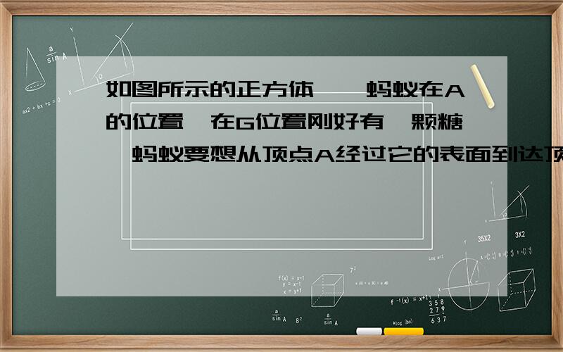 如图所示的正方体,一蚂蚁在A的位置,在G位置刚好有一颗糖,蚂蚁要想从顶点A经过它的表面到达顶点G.蚂蚁走哪一条路径最短?