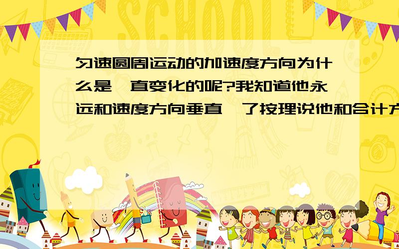 匀速圆周运动的加速度方向为什么是一直变化的呢?我知道他永远和速度方向垂直,了按理说他和合计方向一致啊,合力方向又不变啊.