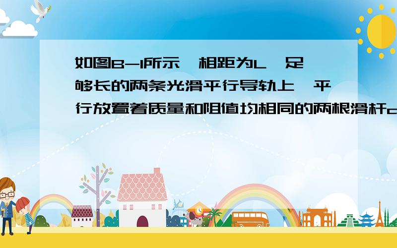 如图B-1所示,相距为L、足够长的两条光滑平行导轨上,平行放置着质量和阻值均相同的两根滑杆ab和cd,导轨的电阻不计,磁感应强度为B的匀强磁场的方向垂直于导轨平面竖直向下.初时刻,ab和cd都