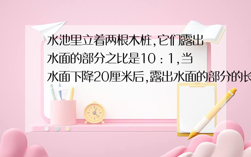 水池里立着两根木桩,它们露出水面的部分之比是10：1,当水面下降20厘米后,露出水面的部分的长度比变成了5：2,求较短的一根木桩原来露出水面的部分是多少厘米?