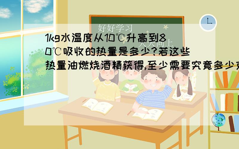 1kg水温度从10℃升高到80℃吸收的热量是多少?若这些热量油燃烧酒精获得,至少需要究竟多少克?若酒精燃烧时放出的热量有40％被水吸收,需酒精多少克?（酒精的热值为3.0×10七次方J/kg）