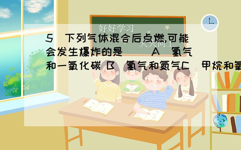 5．下列气体混合后点燃,可能会发生爆炸的是（ ）A．氢气和一氧化碳 B．氢气和氮气C．甲烷和氧气 D．一氧化碳和二氧化碳