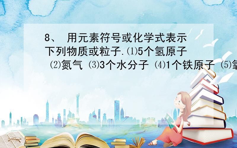 8、 用元素符号或化学式表示下列物质或粒子.⑴5个氢原子 ⑵氮气 ⑶3个水分子 ⑷1个铁原子 ⑸氧化铜 ⑹氯化钠 ⑺四氧化三铁 ⑻锌元素 ⑼m个钡原子 ⑽氖气 ⑾石墨 ⑿氯化氢 ⒀氢氧根 ⒁硝