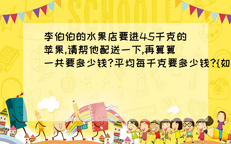 李伯伯的水果店要进45千克的苹果,请帮他配送一下,再算算一共要多少钱?平均每千克要多少钱?{如果除不尽,请保留2位小数｝