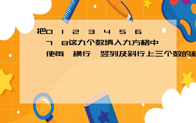 把0、1、2、3、4、5、6、7、8这九个数填入九方格中,使每一横行、竖列及斜行上三个数的和都相等