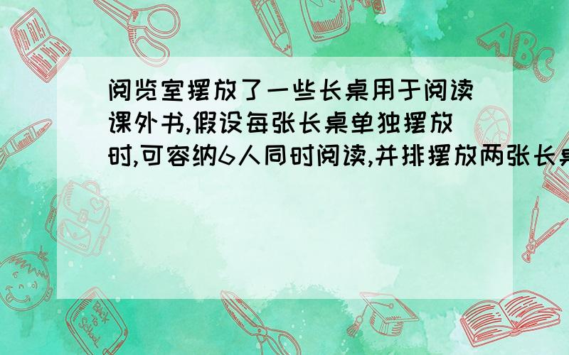 阅览室摆放了一些长桌用于阅读课外书,假设每张长桌单独摆放时,可容纳6人同时阅读,并排摆放两张长桌时,可容纳10人同时阅读,若按这种方式摆放10张长桌,可同时容纳多少人阅读呢?一般地,若