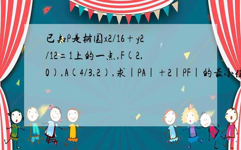 已知P是椭圆x2/16+y2/12=1上的一点,F(2,0),A(4/3,2),求|PA|+2|PF|的最小值,,并求此时P点坐标