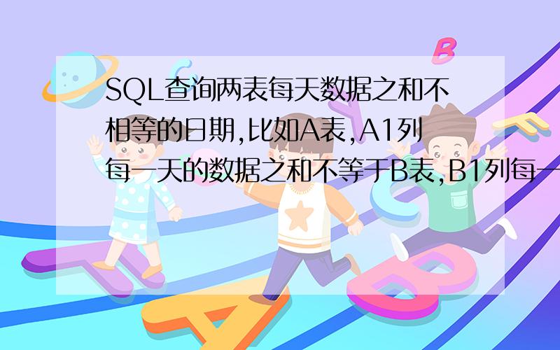 SQL查询两表每天数据之和不相等的日期,比如A表,A1列每一天的数据之和不等于B表,B1列每一天的数据之和