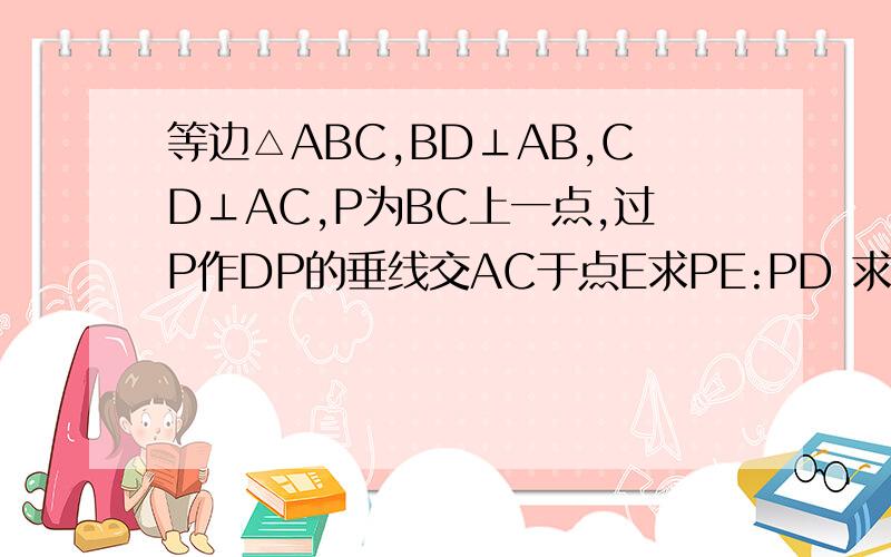 等边△ABC,BD⊥AB,CD⊥AC,P为BC上一点,过P作DP的垂线交AC于点E求PE:PD 求PE：PD