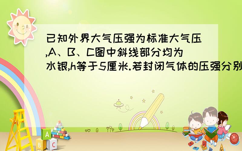 已知外界大气压强为标准大气压,A、B、C图中斜线部分均为水银,h等于5厘米.若封闭气体的压强分别用PA、PB、PC表示,则PA =________,PB =________,PC =________