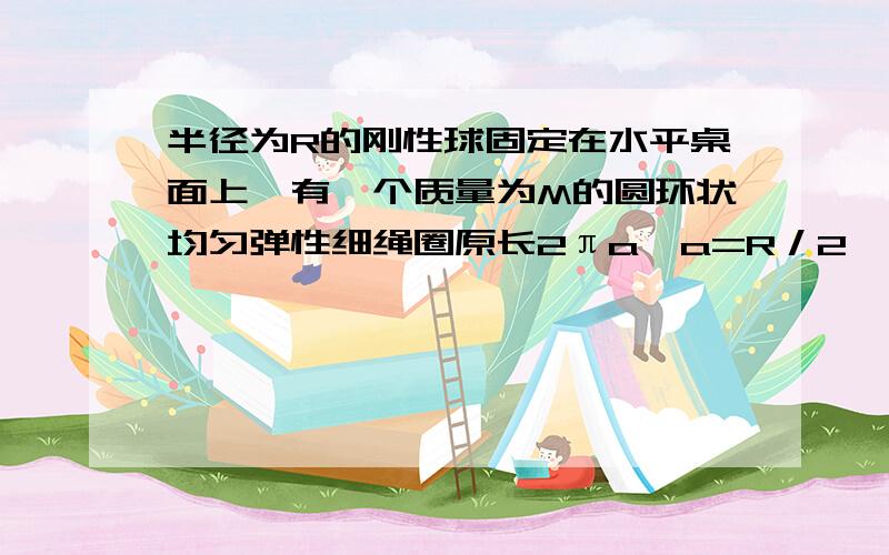 半径为R的刚性球固定在水平桌面上,有一个质量为M的圆环状均匀弹性细绳圈原长2πa,a=R／2,细圈的劲度系数为k,将绳圈从球的正上方轻放到球上,使其水平停留在某个位置.考虑重力,忽略摩擦.（