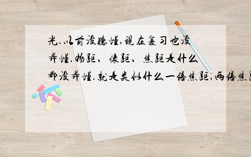 光.以前没听懂,现在复习也没弄懂.物距、像距、焦距是什么都没弄懂.就是类似什么一倍焦距,两倍焦距什么的凸透镜成像之类的题目.最好有一张图能一下子明确.