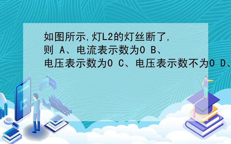 如图所示,灯L2的灯丝断了,则 A、电流表示数为0 B、电压表示数为0 C、电压表示数不为0 D、电流表示数不为0 并写下为什么选这个选项,求思考过程.