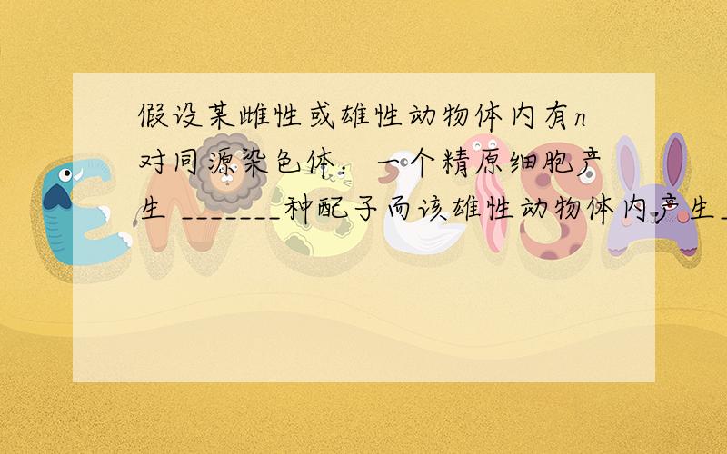 假设某雌性或雄性动物体内有n对同源染色体：一个精原细胞产生 _______种配子而该雄性动物体内产生_____种