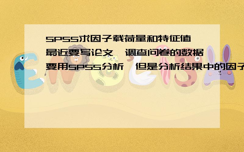 SPSS求因子载荷量和特征值最近要写论文,调查问卷的数据要用SPSS分析,但是分析结果中的因子载荷和特征值是什么意思?还有怎么用SPSS得出这个因子载荷和特征值?急用~.SPSS16.0版的.