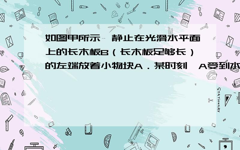 如图甲所示,静止在光滑水平面上的长木板B（长木板足够长）的左端放着小物块A．某时刻,A受到水平向右的如图甲所示,静止在光滑水平面上的长木板B（长木板足够长）的左端放着小物块A．