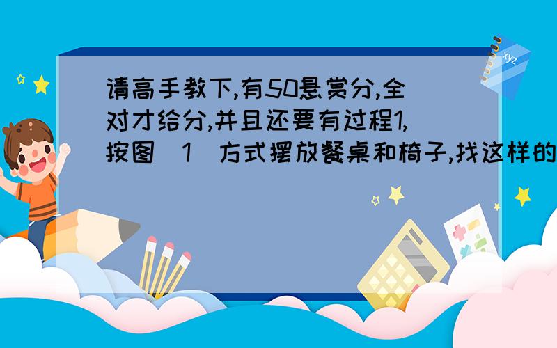 请高手教下,有50悬赏分,全对才给分,并且还要有过程1,按图（1）方式摆放餐桌和椅子,找这样的方式继续排列餐桌,摆4张桌子可坐多少个人?摆5张呢?摆n张呢?1张坐6人,2张坐8人,3张坐10人.（图（1