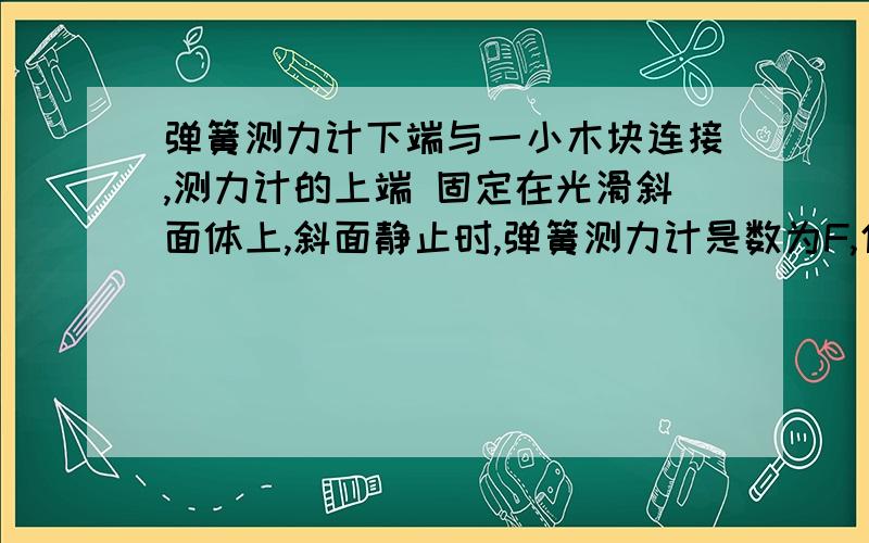 弹簧测力计下端与一小木块连接,测力计的上端 固定在光滑斜面体上,斜面静止时,弹簧测力计是数为F,使斜面体由静止开始向右做加速度缓慢增大的变加速运动,保持木块靠在斜面上,求测力计