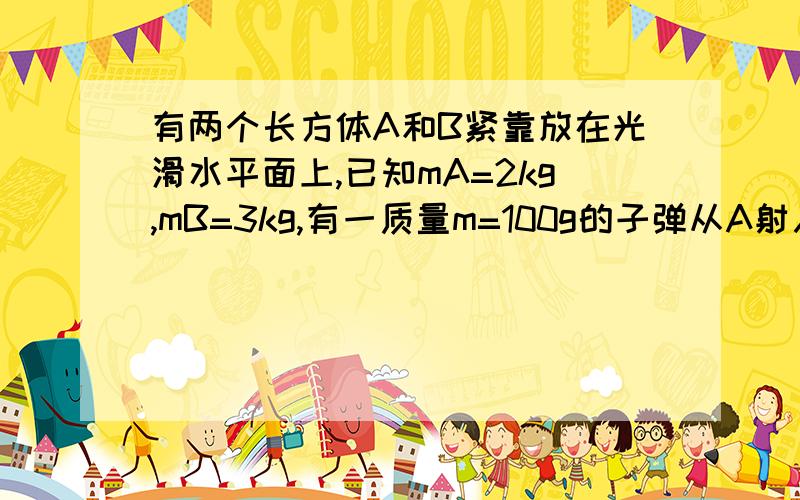 有两个长方体A和B紧靠放在光滑水平面上,已知mA=2kg,mB=3kg,有一质量m=100g的子弹从A射入最后停留在B内未穿出.设子弹射入A时受阻力为3000牛.求：（1）子弹射入A过程中B受到A的作用力大小.（2）